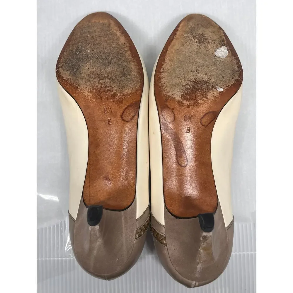 Amalfi Italian Leather Cream and Tan Pumps with Snakeskin Design Size 6.5